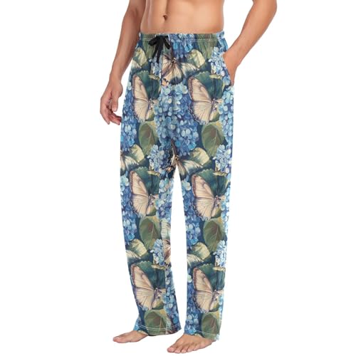 ALAZA Hydrangea Flowers Butterfly Men’s Pajama Pants Soft Long Sleep Pants Lounge Pajama Bottoms with Pockets4
