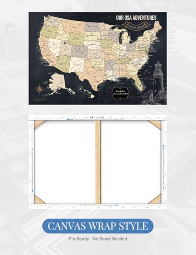 Image of IPIC - USA Map Canvas Painting for Wall Decor, Pinnable World Board to Mark Travels, Oversize World Travel Map Print for Home, Office, Study, and RV, Ready to Hang