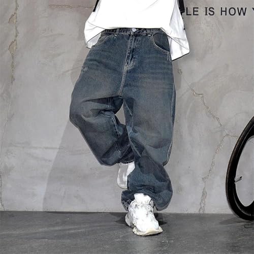 Men’S Hip Hop Stacked Baggy Straight Leg Denim Pants Slim Fit Full Length Button Fly Distressed Streetwear Trousers2