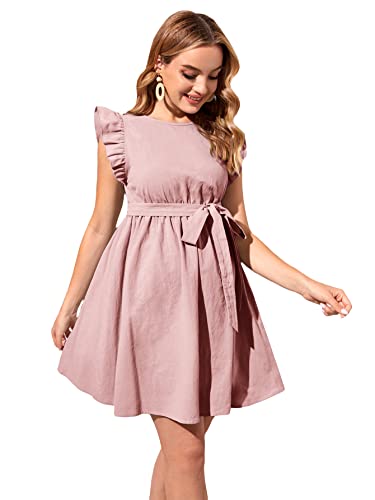 Oyoangle Women's Maternity High Waist Round Neck Ruffle Cap Sleeve Belted Flared A Line Short Dress Dusty Pink M #TOP9