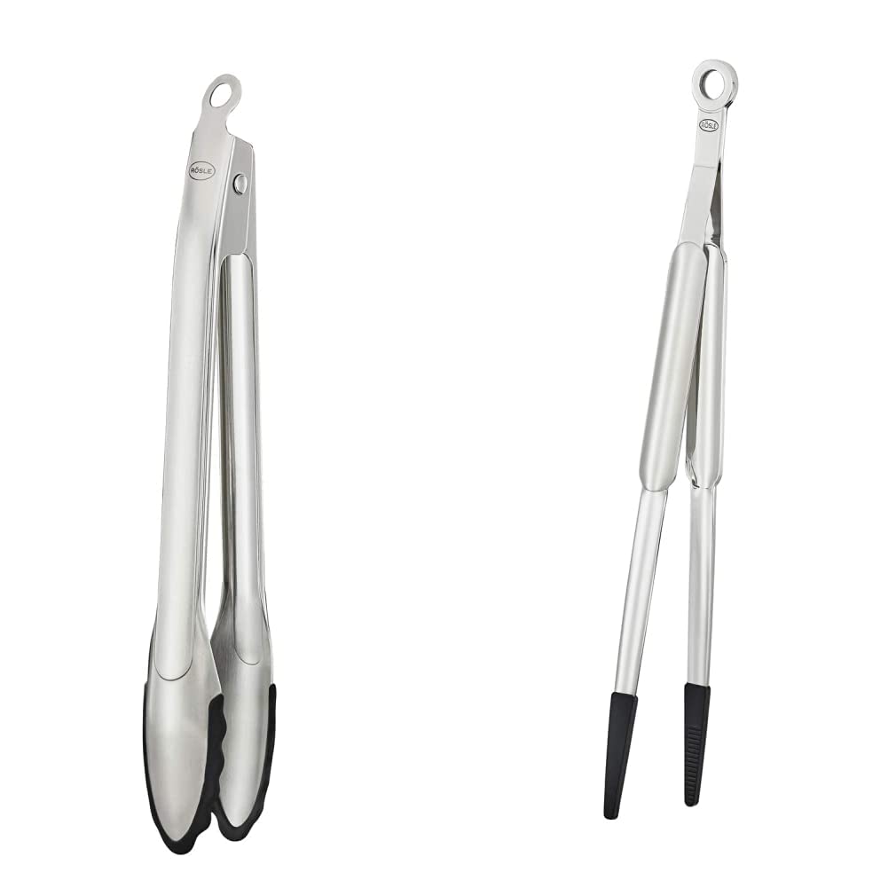 RÖSLE Gourmetzange Silikon, 30 cm & Spitzzange Silikon, Hochwertige Zange zum gezielten Greifen und Wenden beim Kochen oder Grillen, 32 cm