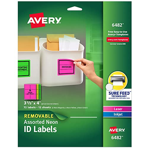 Avery Removable Multipurpose Labels, Assorted Neon, 3 1/3 x 4
