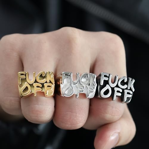 INRENG Stainless Steel Cool Statement Signet Ring Fuck Off Middle Finger Hip Hop Punk Biker Rings for Men Women Silver Size 7