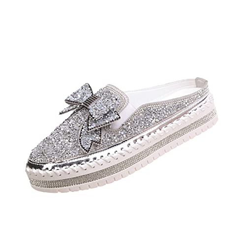 Women's Platform Rhinestones Glitter Sneakers,Fashion Cute Bow Comfy Breathe Canvas Hand-Stitching Slip On Casual Walking Flat Loafers