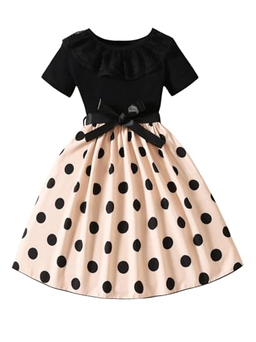 SweatyRocks Girl's Polka Dots Lace Ruffle Trim Belted Dress A Line Crewneck Short Sleeve Flared Dresses