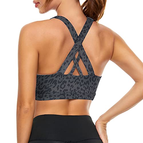 Image of Sports Bras for Women High Impact Support for Yoga Gym Running Workout Fitness Strappy Sports Bra with Padded Removable Cups, Grey Leopard Print, Large