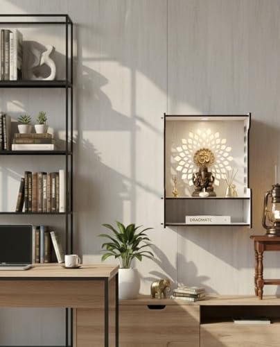 Image of Beautiful White Wooden Pooja Stand for Home, Temple, Office, Wall Mounted Puja Mandir with LED Spot Light Size (L- 29 CM, W- 25 CM, H - 37.5 CM)