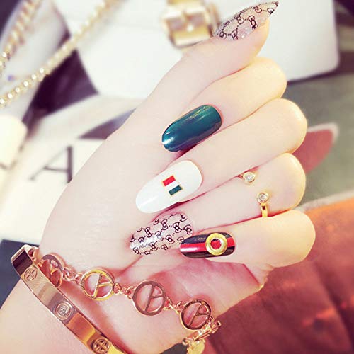 Poliphili 24Pcs Colorful False Nail Multitype Ballerina Long Full Cover Stiletto Shape Art Tips Different Pattern Applique Decoration (Green)