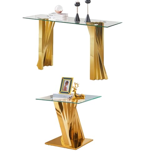 2 Piece Glass Coffee Table Set of 2 Modern Gold Living Room Table Set Include Coffee Table & Sofa Table,Tempered Glass Top with Stainless Steel Base for Home Office