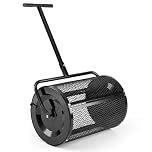 COSTWAY 27” Compost Spreader, 76L Peat Moss Spreader Roller with Handle & Side Latches, Metal Mesh Basket Push Fertilizer Spreader for Lawn and Garden (Black, Height Adjustable T-shaped Handle)