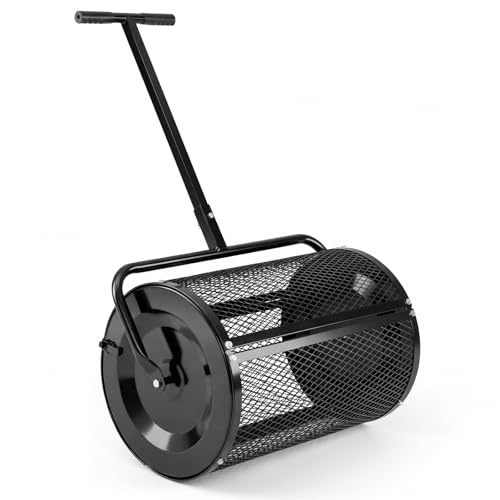 COSTWAY 27 Compost Spreader 76L Peat Moss Spreader Roller with Handle & Side Latches Metal Mesh Basket Push Fertilizer Spreader for Lawn and Garden (Black Height Adjustable T-shaped Handle)