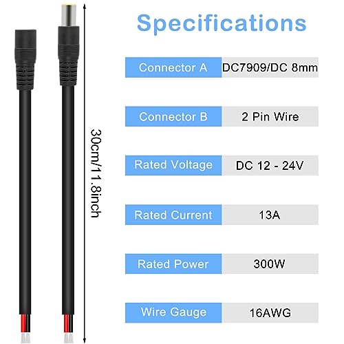 Macho DC7909 de 12V 16 AWG cable de alimentación conector de barril para célula solar 2