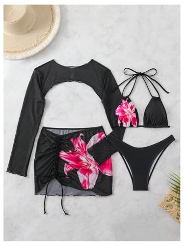 Women's 4 Piece Swimsuit Floral Triangle Halter Bikini Sets with Mesh Cover Up Beachwear4