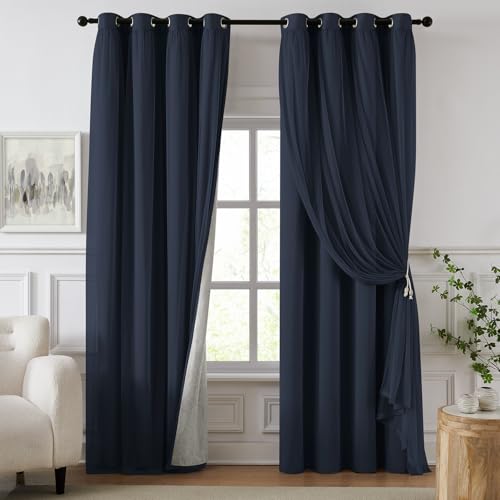 Image of 100% Blackout Curtains for Bedroom, Double Layer Navy Blue Curtains, Black Out Curtain 96 inch long With Sheer Overlay for Living Room, Room Darkening Window Drapes with Grommet, 52 inchW x 96 inchL