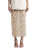 Apvirdy Sequin Skirt for Women Sparkly Fringe Sheer Overlay Skirt High Waist Side Split Midi Skirts for Wedding Party Apricot