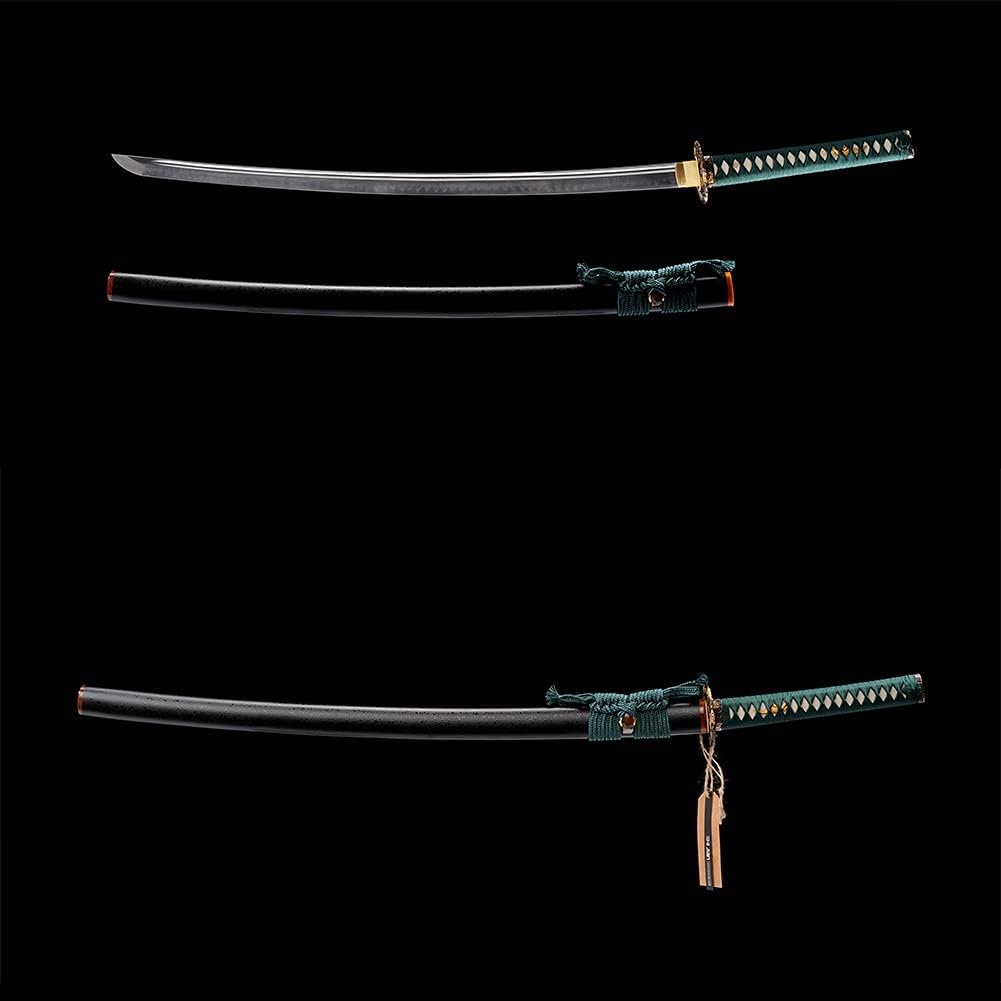 1095 Carbon Steel Clay Tempered Japanese Samurai Katana Sword Hand Forged, Full Tang Sharp, Brass Fittings (Green)