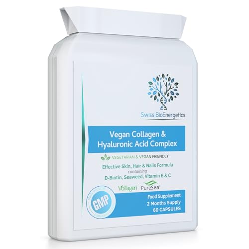 Vegan Collagen & Hyaluronic Acid Complex - 60 Capsules - Effective Skin, Hair & Nails Formula with 500mg of Vollagen in The Exact Amino ratios of Human Collagen - D-Biotin, Seaweed, Vitamins E&C