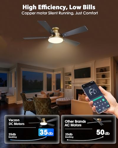 Image of 52 Inch Low Profile Gold Ceiling Fan with Lights, Smart Remote & APP