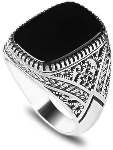 Sterling Silver Signet Ring with Black Onyx Stone - Men's Handmade Engraved Silver Ring - Gift for Men, Dad