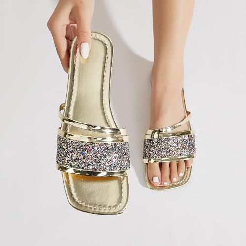 Image of Women's Open Toe Flat Sandals Rhinestone Glitter On Casual Fashion Slippers Quick Drying Indoor & Outdoor Slides