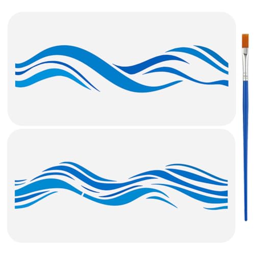 FINGERINSPIRE 2 Pcs Wave Border Stencils with Brush 11.8x5.9 Inch Reusable PET Marine Theme Borders Stencils Sea Waves Decoration Ocean Theme Template for Wood Wall Fabric