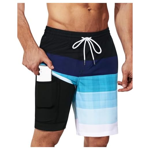 SURF CUZ- Calção de banho masculino de 9" com forro de compressão, shorts de natação 2 em 1, elástico, secagem rápida, bolsos com zíper, nível do mar, L