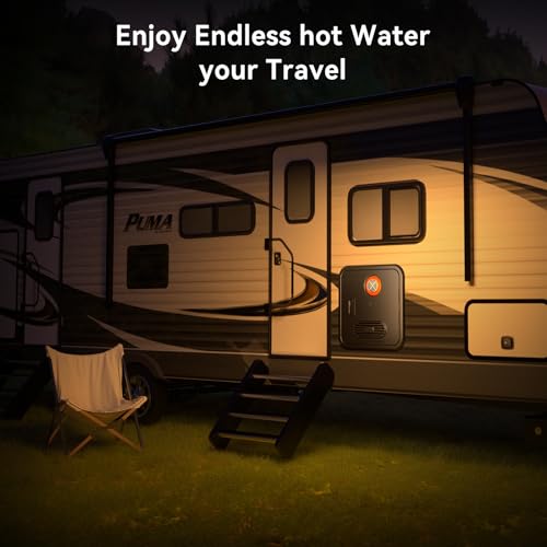 Image of 65,000 BTU RV Tankless Water Heater, On Demand Instant Hot Water, DC 12V, with 18x18 inches Black Door, High Altitude Available, Propane Gas, Energy Saving, Compatible with all RVs