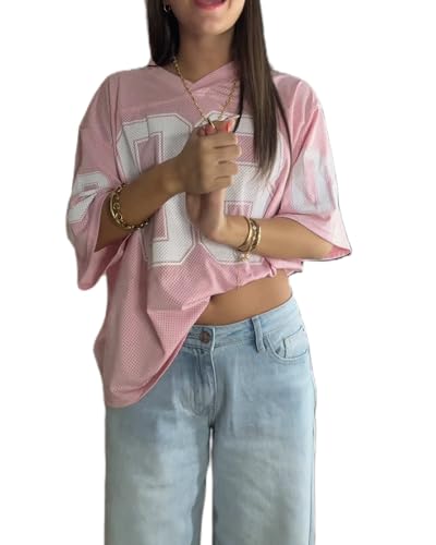 Cusghjbsg Damen-Basketball-T-Shirt, Sommer, kurzärmelig, V-Ausschnitt, Zahlendruck, lockeres Oberteil, übergroßes Jersey, Baggy-Pullover, Shirt, Streetwear, Pink L, M