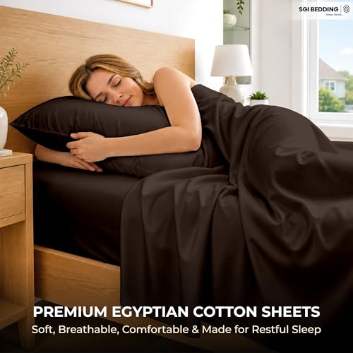 Image of SGI bedding 100% Egyptian Cotton Sheets Twin XL Size - 600 Thread Count Sheets Set, Soft, Cooling, 15 inch Deep Pocket, Luxury Hotel Bedding, Breathable, Durable - Chocolate