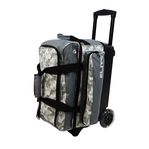Elite Deluxe 2 Ball Bowling Bag With 5" Urethane Smooth Wheels, A Large Accessory Pocket On The Side And A Separate Vented Shoe Compartment On Top That Holds A Pair Of Bowling Shoes Up To Size 15 Men. 36" Extendable Handle For A Smooth Double Roller. (Grey Camo) #TOP12