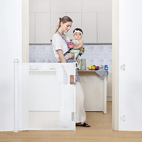 COMOMY Retractable Baby Gate for Stairs 0-140cm Mesh Dog Gate for House Doorways Hallways 84cm Tall Extra Wide Child Safety Gate for Kids Pets Indoor and Outdoor (White)