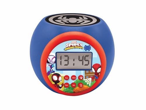 LEXIBOOK, Spidey y su superequipo, Reloj Despertador con proyector, función de repetición y Alarma, luz Nocturna con Temporizador, Pantalla LCD, Funcionamiento a Pilas, Azul, RL977SP1