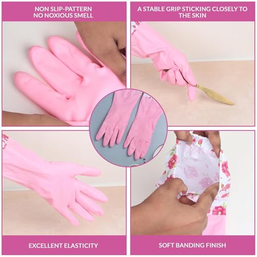 Image of UCRAVO 1Pair Reusable Rubber Cleaning Gloves for Kitchen Dishwashing, Bathroom, Laundry & Household Cleaning - Waterproof, Heat Resistant, Non-Slip Grip, Long Sleeve Hand Protection for Men & Women