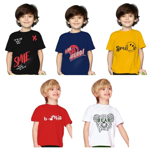 Image of Yazh Texworld Boys Round Neck Blended Cotton T-Shirts | Regular Fit | Half Sleeve | Casual Wear | Trendy | Combo Pack of 5 | Multicolor | Soft, Durable, and Stylish for Everyday use