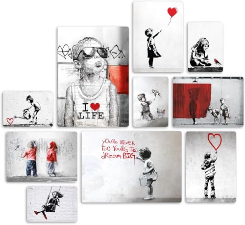 Giallobus - Satz von 10 mehrteiligen Gemälden - Banksy - Sammlung 2 - MDF-Holz - - 2 x 42x29,7cm - 4 x 29,7x21cm - 4 x 21x14,85cm - - Fertig zum Aufhängen – Gemälde