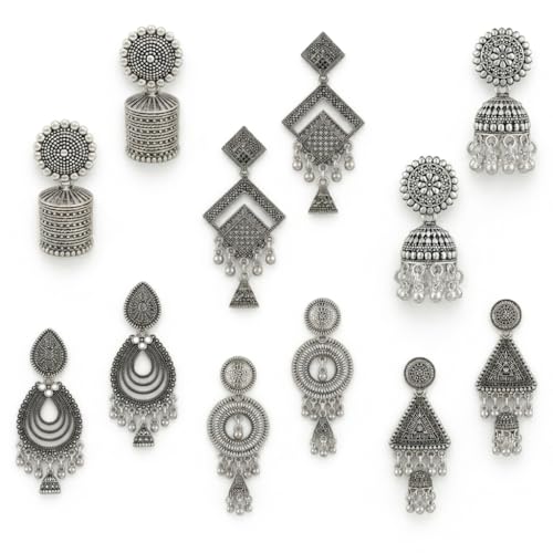 Image of Oxidized Silver Earrings for Women | Traditional Jhumka Chandbali Set | Antique German Silver Tribal Jewellery | 6 Pairs Combo