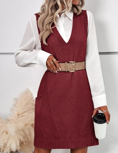 Image of HOTOUCH Women Sweater Vest Oversized V Neck Sleeveless Knit Pullover Ribbed Vest Dress with Pockets