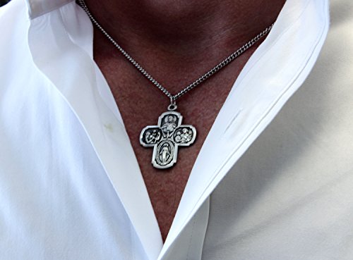 Heartland Store Men's Sterling Silver Squared Edge 4 Way Cross Pendant + 24 Inch Endless Rhodium Plated Chain #TOP4