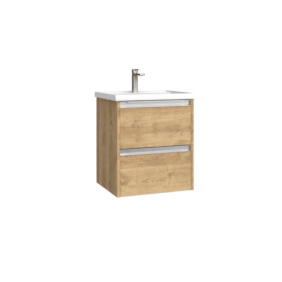 Armoire de salle de bain suspendue avec lavabo en céramique pour WC - 2 tiroirs avec poignée - 50 cm - Chêne naturel - Poignée chromée