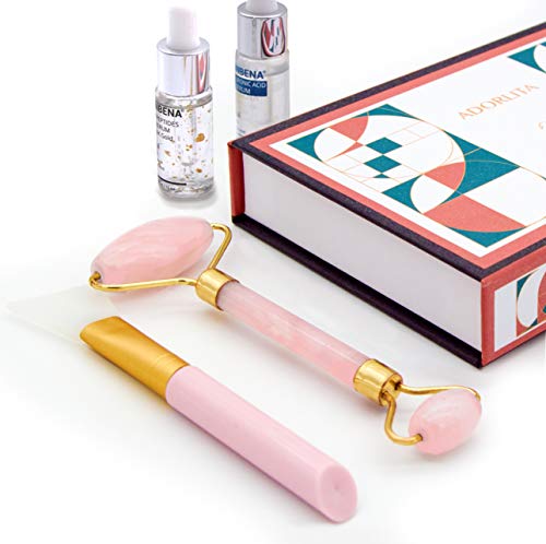 Rose Quartz Roller by Adorlita - Natural Rose Quartz, Handcrafted, Anti Aging, For Facial Massage, Reduce Puffiness and Fine Lines, Facial Serum Package