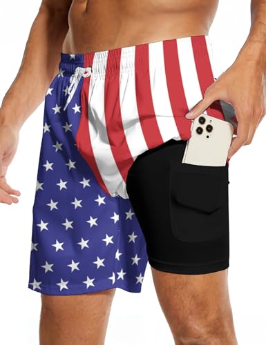 Men's Swim Trunks with Compression Liner 7" Inseam Stretch Beach Shorts Quick Dry Funny Board Shorts with Pockets4
