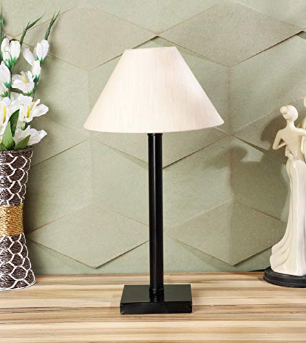 Image of tu casa Modern Black Metal Table Lamp with Off-White Cotton Shade for Bedroom, Living Room & Desk