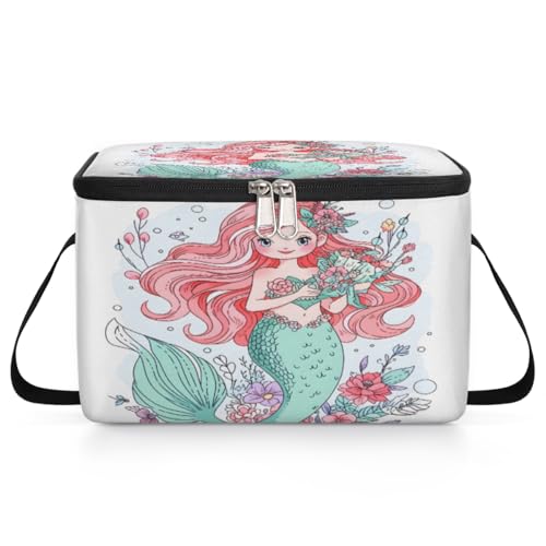 GzLeyigou Mermaid and Flowers Lunch Bags for Women Men 9 Cans, Hot & Cold Food Delivery Bag Insulated Grocery Bag Insulated Lunch Box Marine Mermaid Cooler Bag for Office Work Picnic Beach