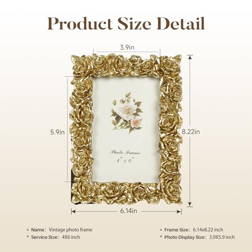 Vintage Gold 4x6 Picture Frame, Gold Ornate Rose Flower Resin Photo Frame with Glass Front for Tabletop or Wall Hanging, Antique Picture Frames for Home Office Decor