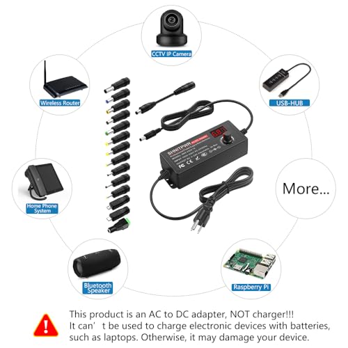 SHNITPWR 3V ~ 24V 3A 72W Power Supply Adjustable DC 3V 5V 6V 9V 12V 15V 16V 18V 19V 20V 24V Variable Universal AC/DC Adapter 100V-240V AC to DC Converter with 14 Tips 5.5x2.5mm 4.0x1.7mm 3.5x1.35mm 6