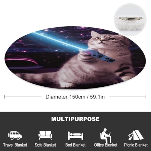 Couverture de plage ronde chat spatial en microfibre coton 150cm avec franges - 3