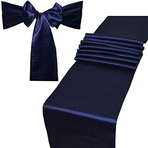 Combo Pack - 2 Satin Table Runners 12 x 108 inch & 10 Chair Sashes for Wedding Banquet Decoration, Bright Silk and Smooth Fabric Party Decor (Combo 2 Table Runner + 10 Chair Saches, Navy Blue)