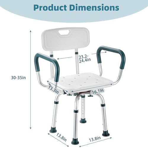 Swivel Shower Chair with Arms and Back, 350lbs Heavy Duty Shower Seat for Inside Shower Stall and Bathtub, Height Adjustable Safety Bath Seat for Elderly, Adults, Handicap and Disabled