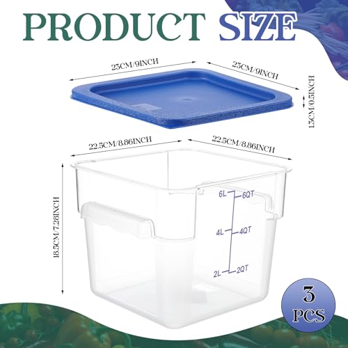 Image of Ziliny 3 Sets 6 Qt Square Food Storage Containers with Lids Dough Proofing Bucket Commercial Polycarbonate Containers with Scale Clear Airtight Cereal for Pantry Home Restaurant (Blue)