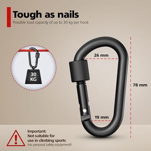 RAVN HAMAN 10 x Locking carabiner, Black, - Carabiner with screw lock up to 30 kg, - Snap hooks for indoor and outdoor - Image 3